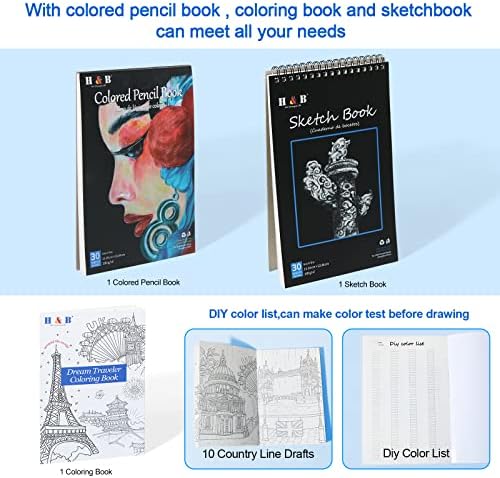 H&B 100 PCS ציוד אמנות, ציור ערכת עפרונות צבעונית, סט אמנות עם כרית סקיצה | ספר עיפרון צבעוני | ספר צביעה | הדרכה